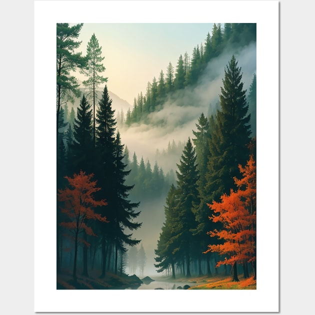 Misty PNW Woods with Pine Trees Wall Art by CursedContent